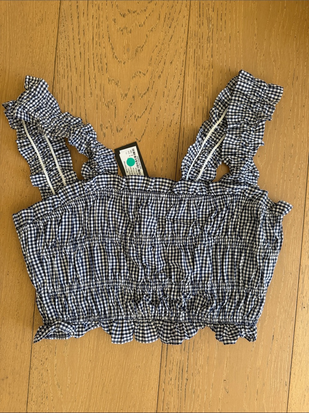Maje Blue & White Gingham Smocked Crop Top